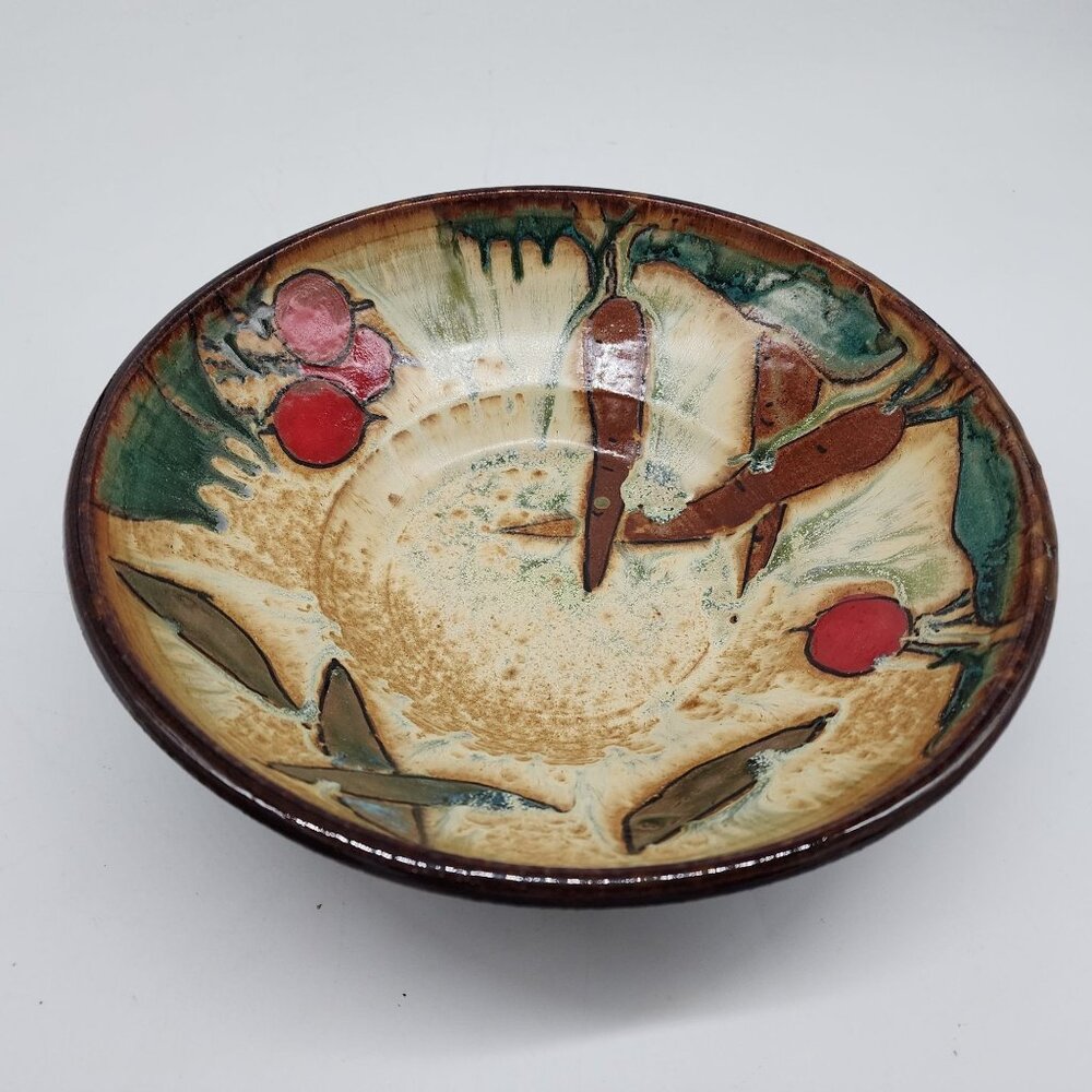 Signed Studio Pottery Bowl Painted Vegetables Carrots Peas Radishes 9.5"